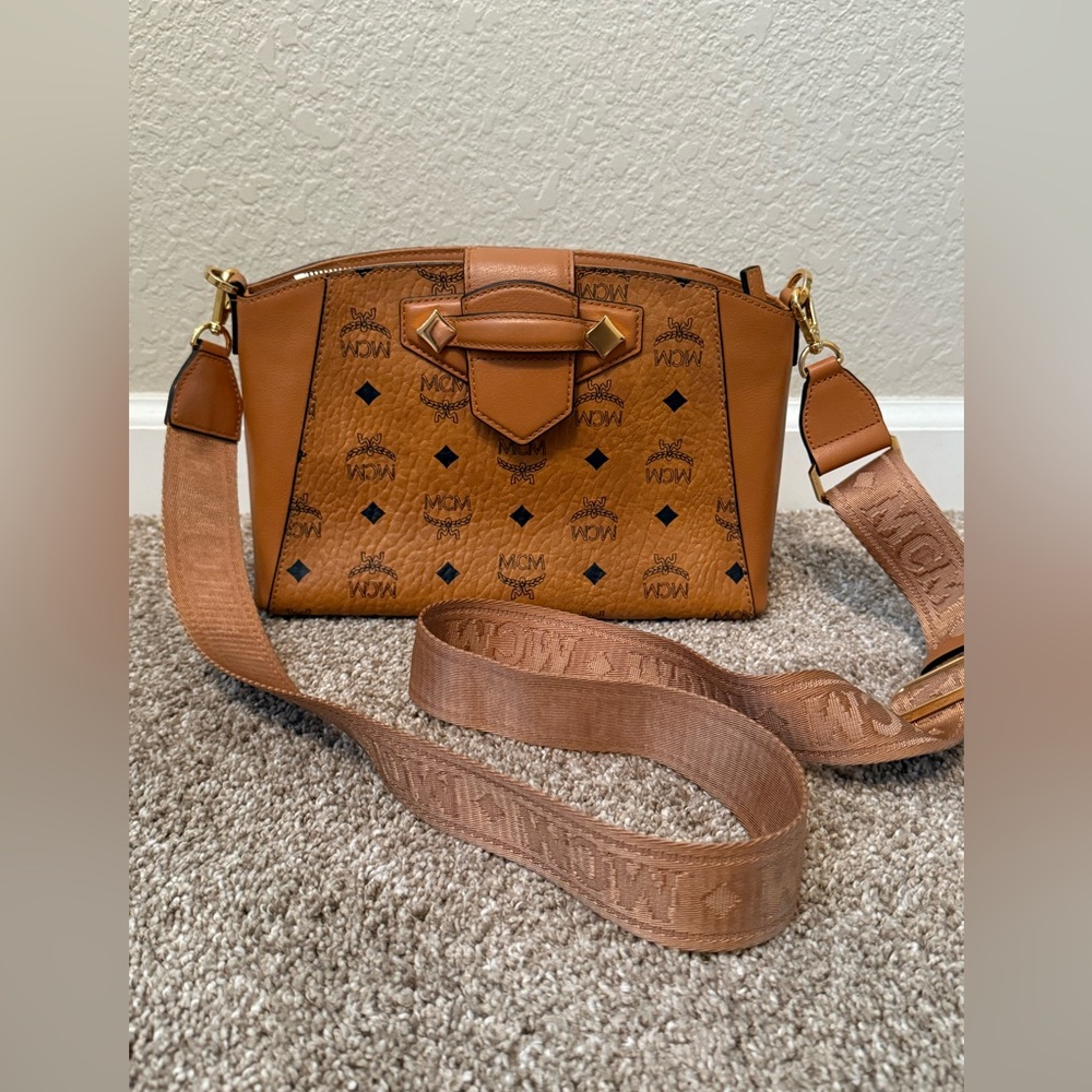 MCM Visetos Small Essential Crossbody Bag Cognac
